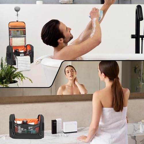 Toiletry Bag for Men - Tactical Hanging Toiletry Travel Bag Shower Bathroom Organizer for Cosmetics/Shaving/Traveling Toiletries Kit, Portable Case with Handle & Swivel Hook, Black