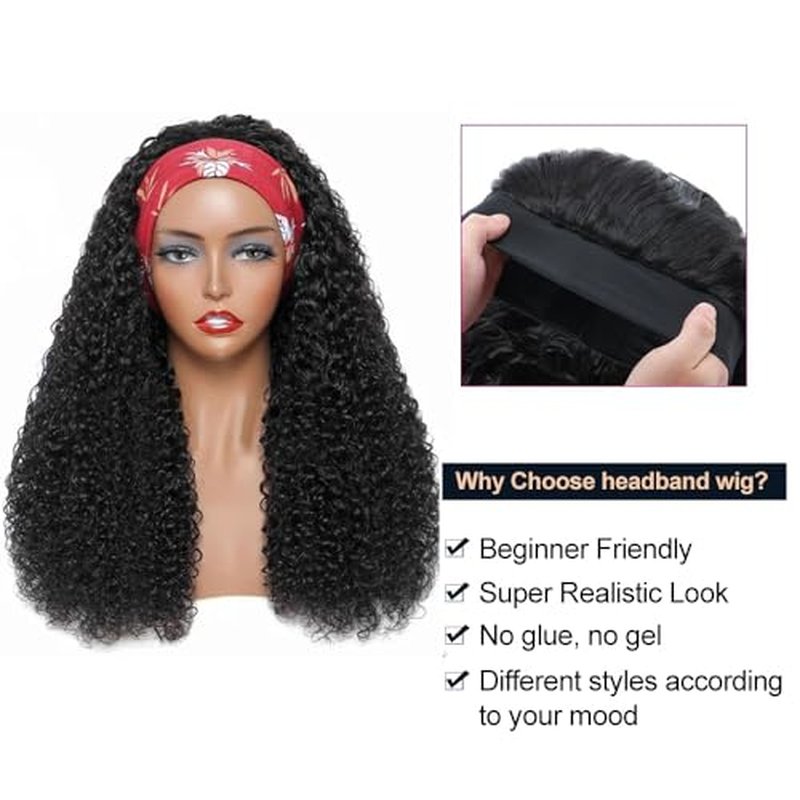 XSY Headband Wig Human Hair for Black Women Kinky Curly Headband Wig Glueless Brazilian Hair None Lace Front Wigs 150% Density Half Wigs Natural Colour 150% Density (24inch)