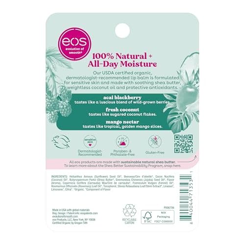 eos Natural Shea Lip balm, Acai Blackberry, Fresh Coconut, Mango Nectar 3-Pack Sticks