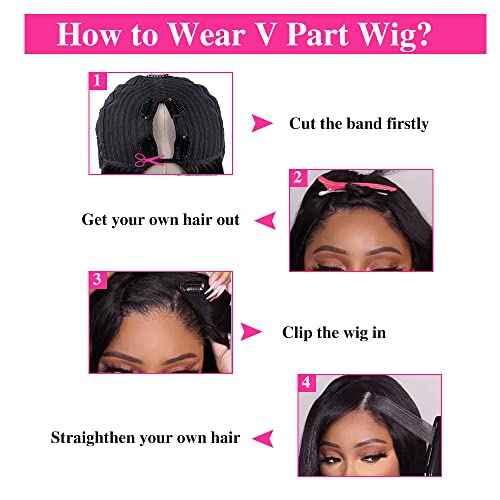 180% Density V Part Wig Human Hair with Drawstring Straight Brazilian Virgin Glueless Wig Human Hair for Black Women Upgrade U Part Wigs Full Head Clip In Half Wig No Leave Out Natural Color 8 Inch