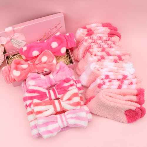 WHAVEL Sleepover Party Supplies for Girls - Pink Party Favors Include 6 Spa Headbands, 6 Fuzzy Socks Slippers for Spa Birthday, Bachelorette, Slumber, Pajama Party
