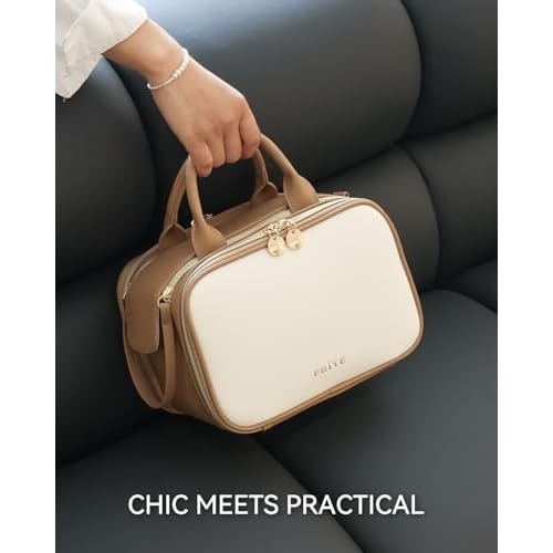 Prite Makeup Bag for Women, Large Capacity Waterproof Travel Cosmetic Organizer, Portable Open Flat Toiletry Bag with Free-standing Brush Holder and Handle(Beige Brown Large)