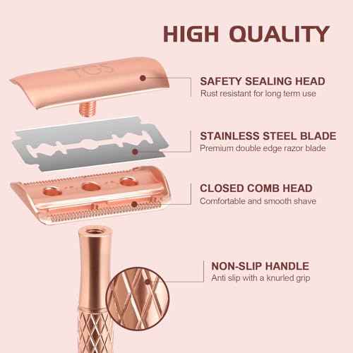 Double Edge Safety Razor for Women Rose Gold with Stand and Silicone Cover - Durable Metal Eco-Friendly Single Blade Safety Razor with 10 Blades- Closed Smooth Shave
