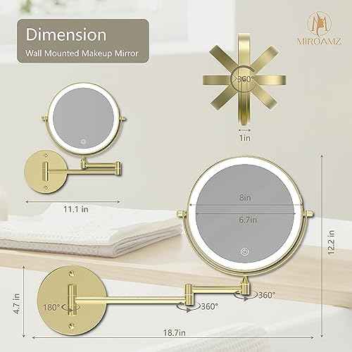 Rechargeable Wall Mounted Lighted Makeup Vanity Mirror 8 Inch Double Sided 1X 10X Magnifying Bathroom Mirror, 3 Color Lighting, Touch Screen Dimming, 360 Rotation Shaving Mirror Gold