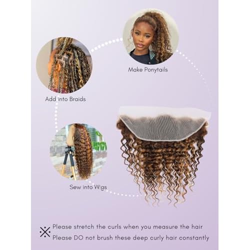 Honey Blonde Highlight Deep Wave 13x4 Lace Frontal Closure Only Human Hair 20In, 12A Virgin 100% Hand Tied Ear to Ear Ombre Brown HD Transparent Frontal Pre Plucked P4/27 Curly Lace Frontal Remy