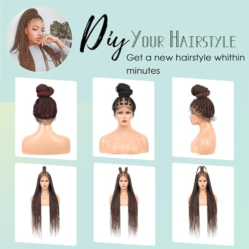360¡Æ HD Full Lace Knotless Braided Wigs for Women Box Braid Wig with Baby Hair Premium Synthetic Natural Looking Brown Braided Lace Front Wigs 36 Inch