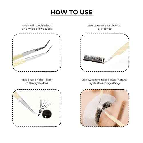 SIVOTE Fiber Tips Lash Tweezers for Eyelash Extensions, Set of 4, Curved, Dolphin, 90 Degree & 45 Degree Tweezer, Vanilla