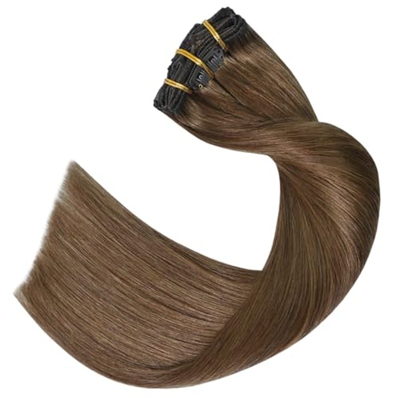 Light Brown Hair Extensions Clip in Human Hair 18 Inch 120g 7pcs Remy Hair Silky Straight 16clips One Pack for Women #6 Chestnut Brown Hair Extensions