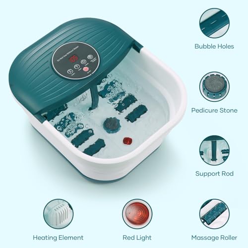 Collapsible Foot Spa Bath Massager with Heat, Bubble and Timer, 95-118¢µ Adjustable Temperature Fast Heating with Pedicure Stone and Massage Rollers for Feet Stress Relief at Home