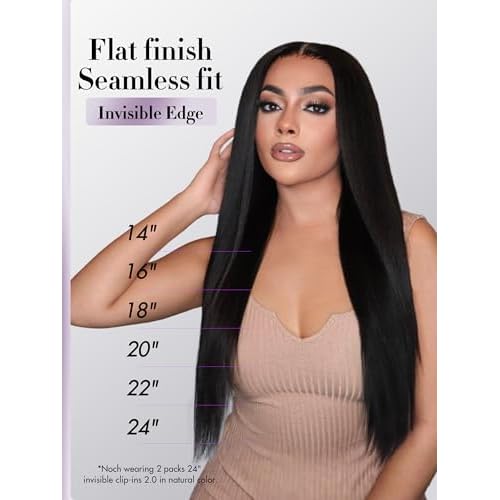 LUVME Invisible Clip in Hair Extensions, Yaki Straight Real Human Hair Remy Hair Clip ins for Women, Natural Human Hair, 18 inch 110g 6Pcs, Natural Black