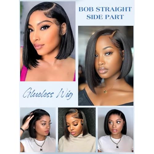 16 Inch Bob Straight Side Part 7x5 Wear and Go Glueless Wigs Human Hair Pre Cut Pre Plucked Bleached HD Lace Front Bob Wig Human Hair 180% Density Short Straight Wigs for Black Women