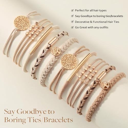 10 Boho Bracelets, Braided & Stretch Hair Ties for Thick/Thin Hair, 5 Styles, Light Coffee Colors - No Damage Ponytail Holders
