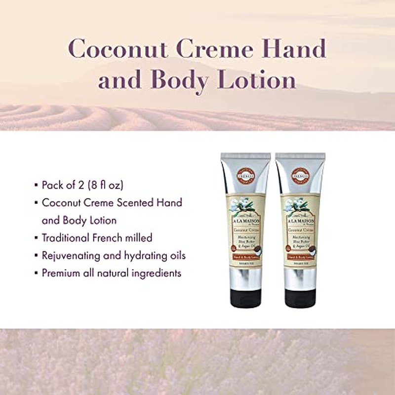 A LA MAISON Moisturizing Lotion, Coconut Creme - Uses: Hand and Body, Argan Oil, Pure Shea Butter, Essential Oils, Plant Based, Cruelty-Free, SLS and Paraben Free