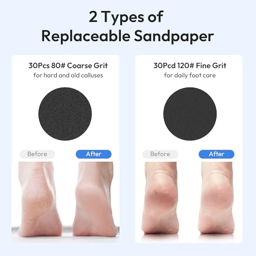 Electric Foot Callus Remover, 2-in-1 Rechargeable Portable Electric Foot File with 70pcs Sandpaper, Professional Pedicure Tools for Dead Skin, Hard Cracked, Dry Skin - Grey&Blue