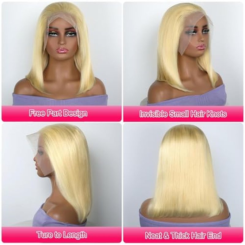 Honey Blonde 13x6 Transparent Lace Frontal Wigs For Black Women 180% Density 13x6 Blonde Short Straight Lace Bob Wigs Human Hair Pre Plucked Brazilian Remy Human Hair Blonde Glueless Lace Wig 16 Inch