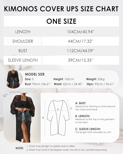 Bsubseach Lace Long Kimonos Women Boho Duster Cardigans Swimsuit Beach Open Front Coverup Sheer Robe Bathing Suit Cover Up Black