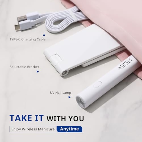 AIRSEE Mini Handheld UV Light for Gel Nails with Stand,Portable Rechargeable Nail Lamps,2 Timers for Fast Nail Extension,Rhinestone Glue Decoration,Gel Nail Strips at Home,Travel(White)