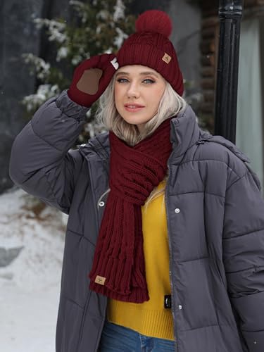 Winter Hat Scarf Gloves Set,Fleece Lined Pom Pom Beanie Hat Warm Knit Long Scarf Touchscreen Gloves Winter Gifts for Women Burgundy