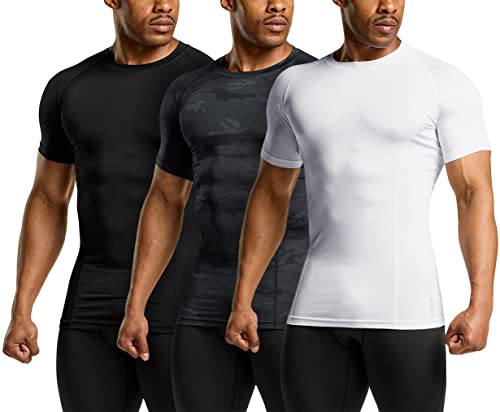 ATHLIO Men's Cool Dry Short Sleeve Compression Shirts, Sports Baselayer T-Shirts Tops, Athletic Workout Shirt, 3pack Tops Black/Urban Camo Black/White, Medium