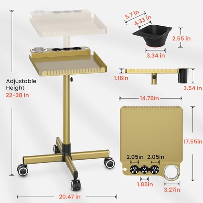 TASALON Gold Salon Tray on Wheels ? Salon Rolling Tray Set with Magnetic Hair Dye Bowl, Heat-Resistant Tool Rack, Hair Extension Holder for Styling, Rolling Tool Cart & Hair Salon Station Organizer