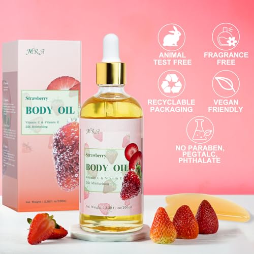 MR.A 2 Pack Strawberry Body Oil Juice Scented, Vitamin E Body Oil after Shower, Strawberry Shortcake Body Moisturizer Bath Oil for Dry Skin, Guasha Oil with Guasha Tool