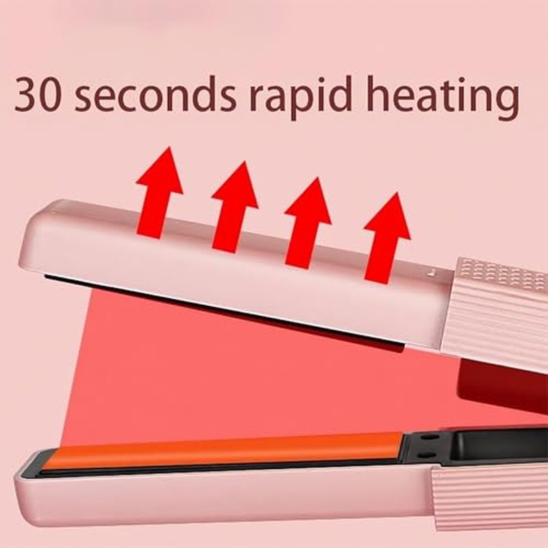 Cordless Hair Straightener, 2 in 1 Portable Mini Ceramic Flat Iron and Curler, USB-C Rechargeable Travel Straightener, Lock in Moisture & Shine, 3 Levels Adjustable (Pink)