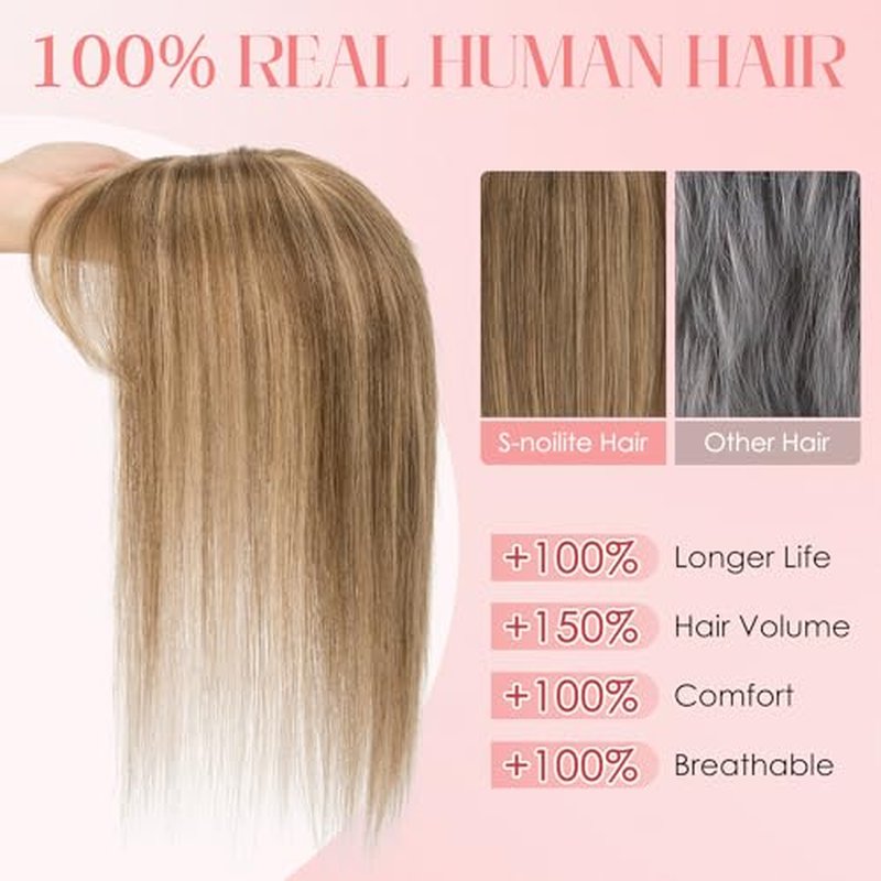 S-noilite Hair Toppers for Women with Bangs Real Human Hair 360¡Æ 3D Cover Clip in Bangs 2X6 Coverage Clip in Hairpiece for Women with Thinning Hairline 14Inch (Medium Brown/Dark Blonde)