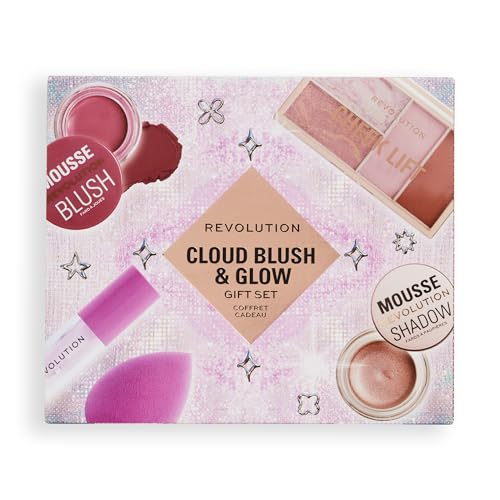 Revolution Beauty London, Beauty Cloud Blush & Glow Highlight Makeup Gift Set, 6-Piece Holiday Set with Eyeshadows, Blush, & Nourishing Lip Oils, Vegan & Cruelty-Free