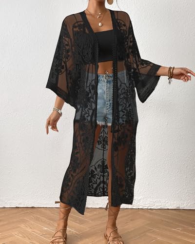 Bsubseach Lace Long Kimonos Women Boho Duster Cardigans Swimsuit Beach Open Front Coverup Sheer Robe Bathing Suit Cover Up Black