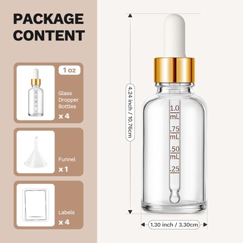 Bumobum 1 oz Dropper Bottle, Clear Glass Dropper Bottle with Measured Dropper & Golden Cap, Empty Eye Tincture Bottles with Funnel & Labels for Essential Oils Serums Tavel Liquids, 4 Pack