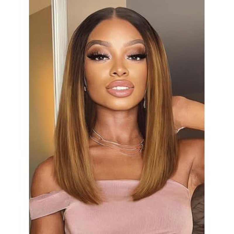 Beauty Forever Bob Wig Human Hair Brown With Blonde Piano Highlights Blunt Straight Wig Glueless 7x5 HD Lace Front Pre Cut Plucked Bye Bye Knots Ready to Go Short Wig 150% Density 12 Inches