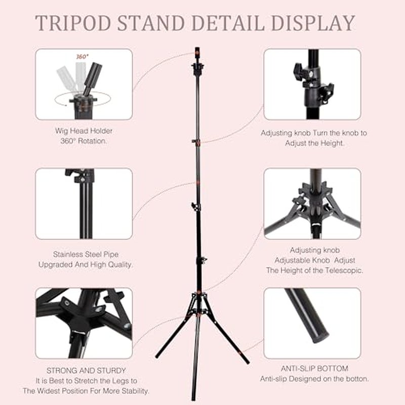 22'' Canvas Wig Head with 61'' Adjustable Tripod Stand, Mannequin Head Set for Styling, Display ? Includes Caps, Elastic Bands, Stand & Tool Kit for Beginners and Professionals