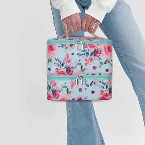 Buruis Double-Layer Nail Polish Organizer Bag, Holds 27 Bottles (15ML/0.5 FL.OZ or Larger), Nail Tools & Dryer Storage Case with Adjustable Dividers (Aqua Floral)