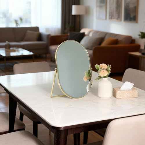 Feyarl Champagne Gold Oval Vanity Mirror 12x8 Inch Vertical Tabletop Makeup Mirror Decorative Standing Cosmetic Mirror for Bedroom Bathroom Desk Dresser