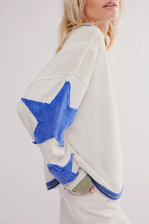 Apvirdy Y2K Tops Long Sleeve Star Tshirt Drop Shoulder Crop Sweatshirts Vintage Distressed Graphic Shirts Streetwear