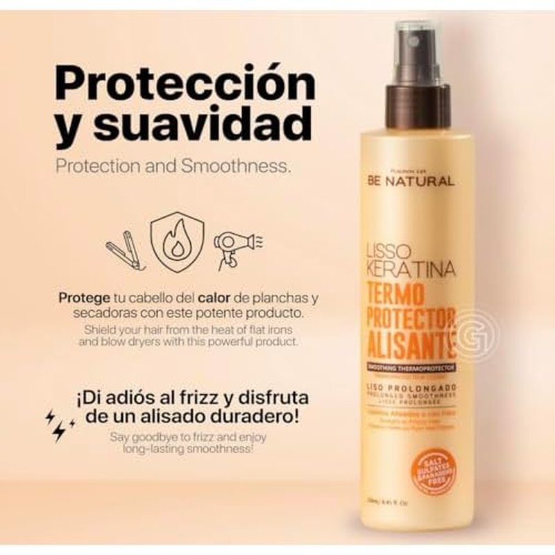 Be Natural Lisso Keratina Heat Protectant Spray for Hair Smoothing, Sulfate-Free, 8.45 fl oz. Termoprotector alisante