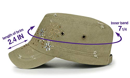 ililily Crystal Gemstone Stud Flower Vintage Cotton Military Army Hat Short Brimmed Cadet Cap, Olive Drab