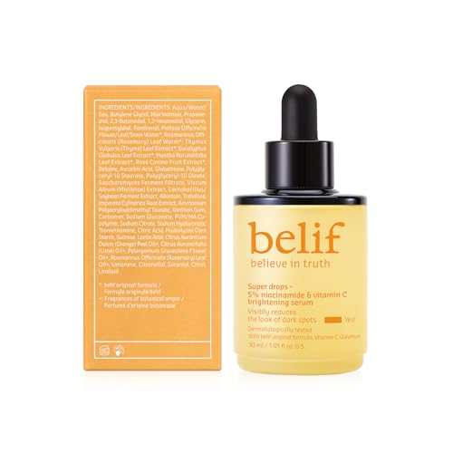 belif Niacinamide 5% & Vitamin C Super Drops Serum ? Radiance-Boosting Serum for Uneven Skin Tone with AHA & Glutathione, Redness & Improve Post-Blemish Marks, Korean Skincare, 1.01 fl oz