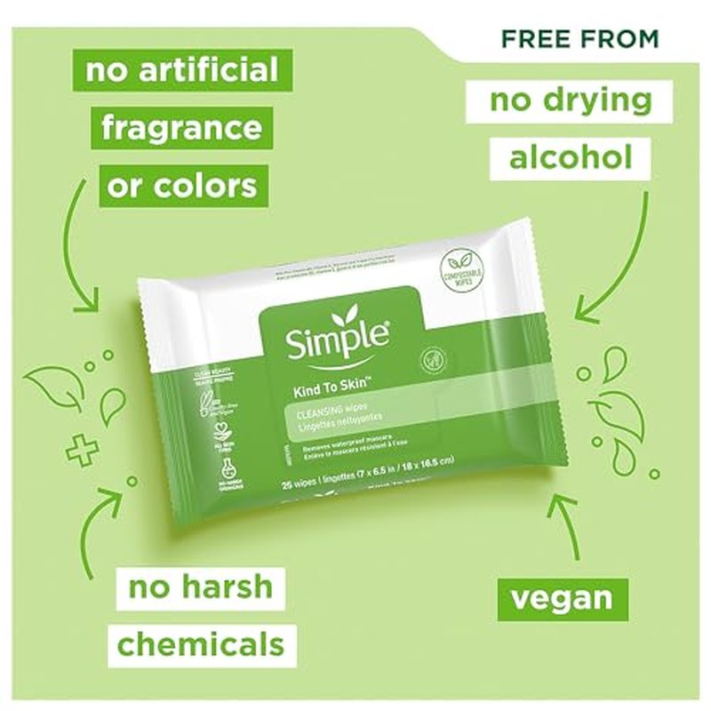 Simple Kind to Skin Facial Wipes Gentle and Effective Makeup Remover Cleansing Free from color and dye artificial perfume and harsh chemicals, 25 Count (Pack of 2)