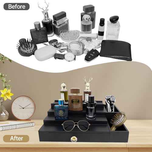 4 Tier Wood Cologne Organizer Stand for Men Wooden Black Perfume Shelf Fragrance Display Risers with Drawer Hidden Compartment Cologne Holder Wood Dresser