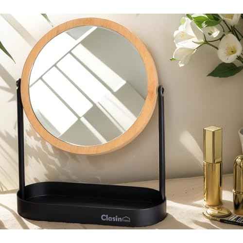 Bamboo Makeup Mirror with Storage, Double Sided Vanity Mirror 360¡Æ Rotation, 1X 3X Magnifying Table Mirror for Desk, Bathroom, Bedroom, Dressing Table