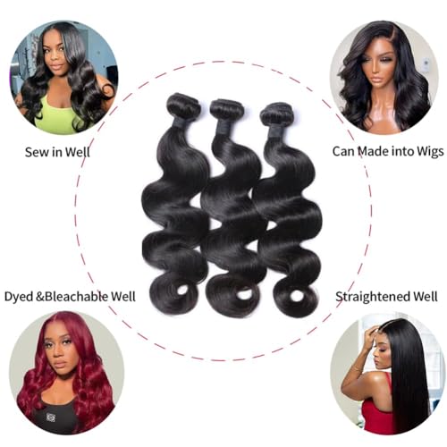 Body Wave Human Hair 3 Bundles (20 22 24) 100% Unprocessed Brazilian Virgin Human Hair Extensions Brazilian Body Wave Weave Bundles Soft and Silky Natural Black Wavy Hair Quick Weave Bundle for Women