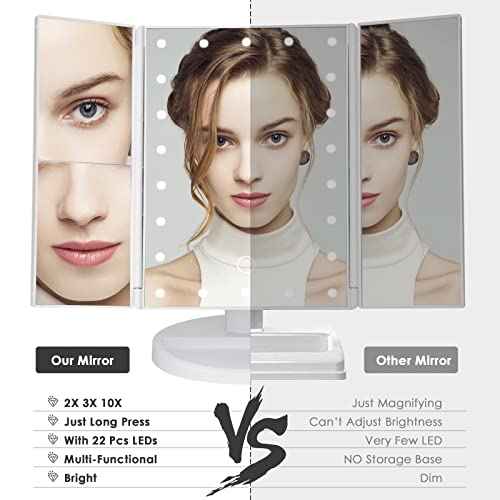 Makeup Mirror Vanity Mirror with Lights 1X 2X 3X 10X Magnification, Lighted Makeup Mirror, Touch Control, Tri-Fold Portable LED Makeup Vanity, Two Power Supply Modes, White