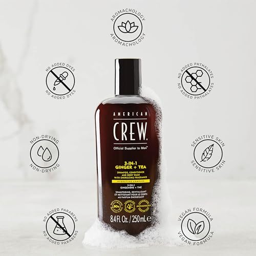 AMERICAN CREW 3-in-1 Ginger & Tea, Shampoo, Conditioner & Body Wash for Men, Hair Care Gift for Him, Revitalizing and Refreshing Fragrance, 33.8 fl oz
