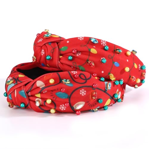 2Pcs Christmas Headbands for Women - Colorful Light String Rhinestone Knotted Hair Hoops, Xmas Crystal Pearl Accessory for Holiday