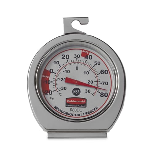 Rubbermaid Commercial Products Thermometer, Classic Large Mechanical Dial, Chrome, Extreme Temperature Range for Use in Refrigerator/Freezer/Cooler/Fridge