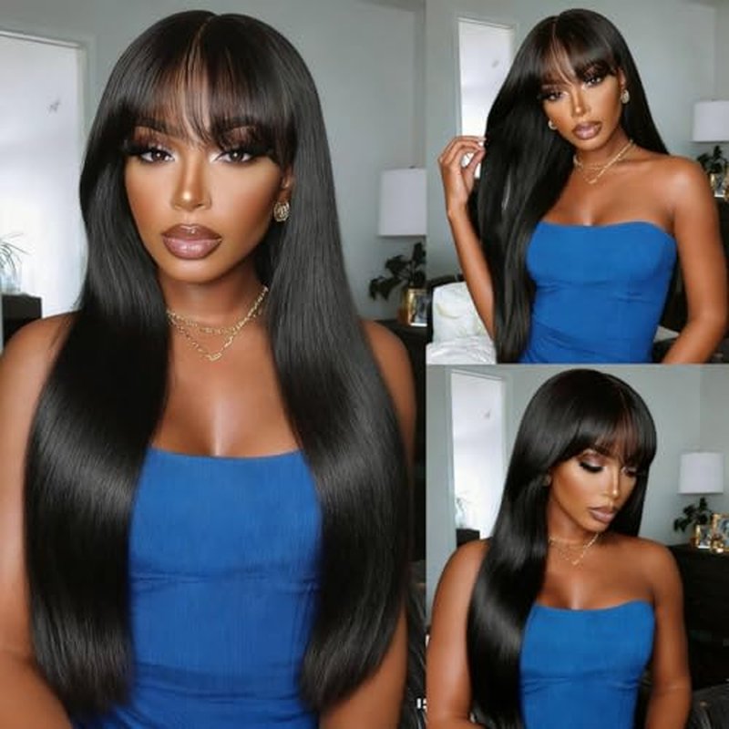 Straight Human Hair Wigs with Bangs 2x4 Lace Closure Wigs Human Hair 180% Density Drawstring Glueless Wigs Human Hair for Women Lace Front Wigs Human Hair Natural Black 18inch.