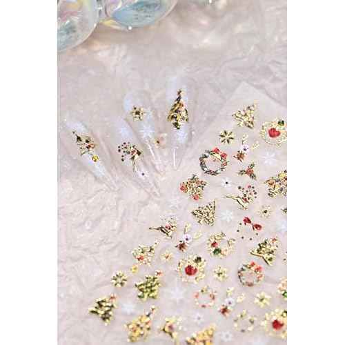 Christmas Nail Art Stickers 5D Embossed Shiny Gold Xmas Tree Nail Stickers Elk Wreath Snowflake Nail Decals for Women Girls Winter Holiday Manicure DIY Nail Supplies