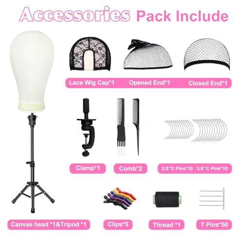 22 Inch Wig Head Mannequin Head for Wigs, Wig Stand with Head for Hair Styling Practice Display Wigs Making Tripod Stand with T Pins Set