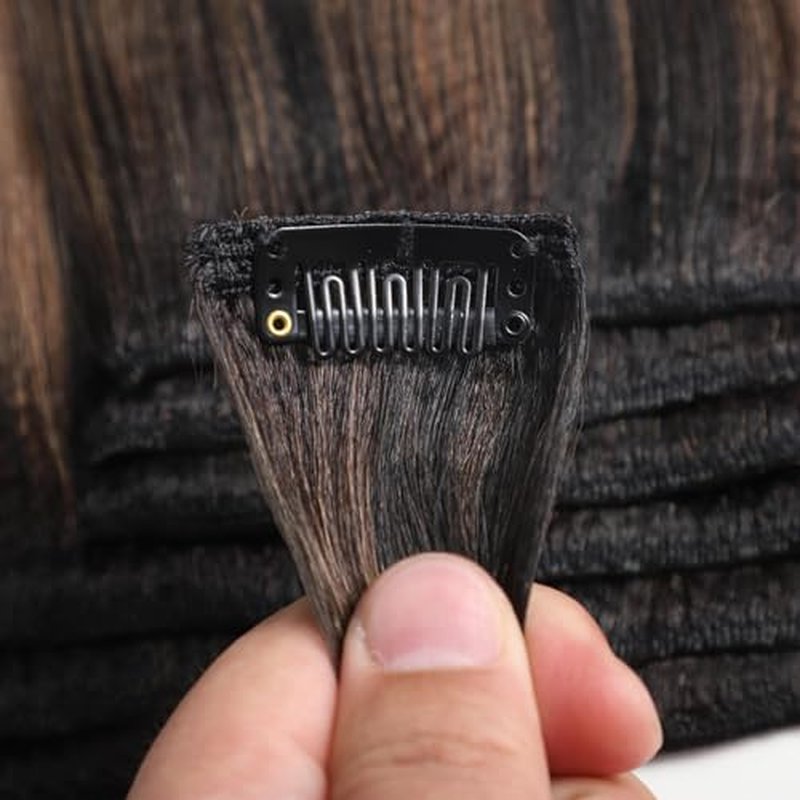 Loxxy Light Yaki Clip Ins Human Hair, Natural Black Mixed Chestnut Brown Color, Natural Look Yaki Straight Clip Ins Ideal for Black Women 22 Inches 7Pcs 120g